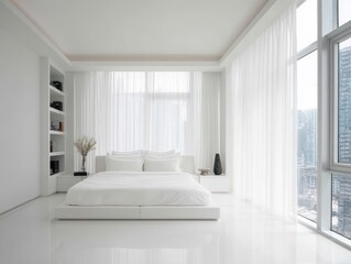 Fototapeta premium Minimalist bedroom with white walls and sheer curtains.
