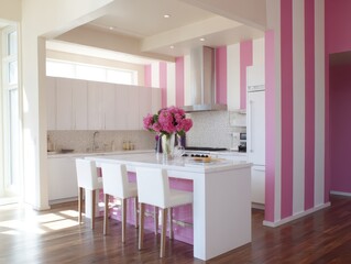 A modern kitchen with pink striped walls and white cabinetry.