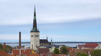 Obraz premium Panoramic view of Tallinn's medieval architecture with St. Olaf's Church towering over traditional houses, showcasing the city's rich history and Baltic Sea backdrop