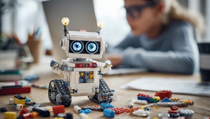 Naklejka premium Robot toy on table with girl and laptop