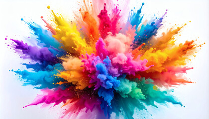 Explosion of colored powder on white background for vibrant splash photography, dynamic paint burst visuals, and energetic color explosion effects
