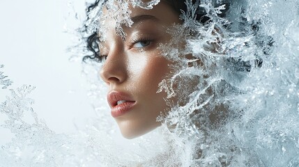 A woman with a serene expression gazes off to the side, her face partially obscured by delicate, intricate ice formations that evoke a sense of ethereal beauty and winter's embrace