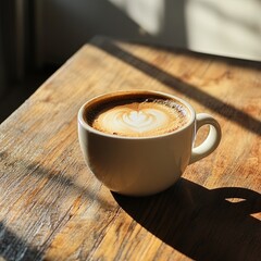 A latte coffee mug on the brown wood table with morning light