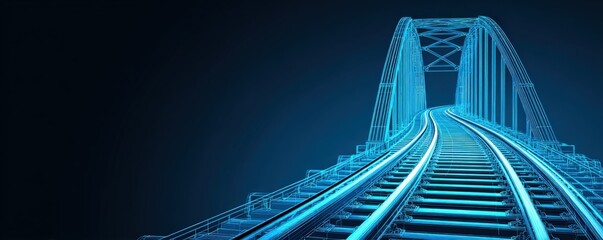 A glowing digital illustration of railway tracks leading over a bridge on a dark blue background.