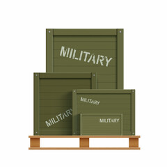 Military cargo. Green wooden boxes with weapons on a pallet. Isolated on white background.