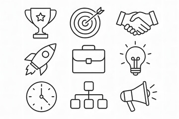 Business Icon Set: An array of meticulously crafted, minimalistic line icons representing key business concepts, from success and goal-setting to innovation and collaboration.