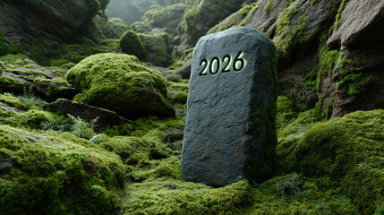 A moss-clad stone etched with 2026 whispers mysteries of Time Travel Day amid Ireland's verdant, fairy-tale wilderness
