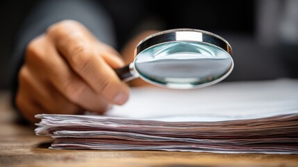 A hand uses a magnifying glass to closely examine a stack of documents on a desk.