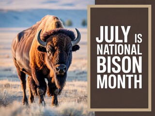 A bison stands in a field next to a sign announcing july is national bison month celebration