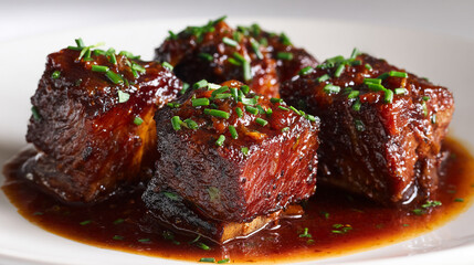 Close-up of braised beef short ribs in rich brown sauce, garnished with green herbs, showcasing a delicious and savory dish, perfect for food blogs or restaurant menus