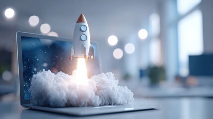 A rocket launches from a laptop, symbolizing innovation, technology, and startup growth in a modern office environment.