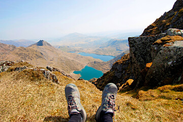Mountaineering in Snowdonia National Park, Wales, United Kingdom. Home to 100 lakes and craggy peaks like Cader Idris and Tryfan.