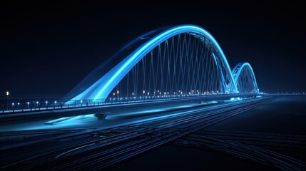Obraz premium Futuristic illuminated bridge with blue arches and glowing lines crossing over a road at night.