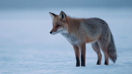 Red fox in the winter wilderness, embodying cunning solitude; celebrates Inari Okami festival, evokes introspective winter solstice