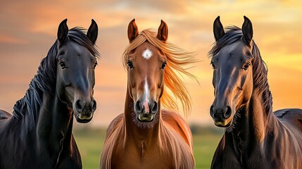 Three horses at sunrise