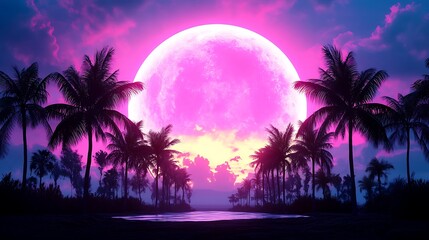 Naklejka premium Silhouettes of palm trees with a huge glowing pink moon over water at night.