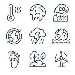 Global warming icons depict climate change effects, ideal for environmental campaigns, educational materials, websites, and presentations on climate crisis awareness.