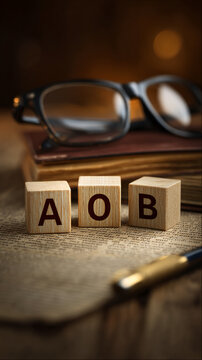 Wooden cubes spelling AOB on aged paper, near glasses and book, suggesting academic or professional context, symbolizing knowledge and detail