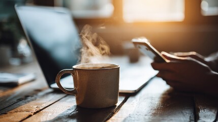 A steaming coffee mug sits on a wooden table next to a laptop, while a person uses a smartphone in warm morning light.