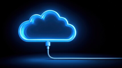 A glowing neon cloud connected by a cable symbolizes cloud computing and digital data storage on a dark background.