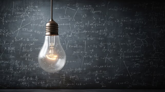 A glowing lightbulb hangs in front of a chalkboard covered with scientific formulas and mathematical equations. - Powered by Adobe