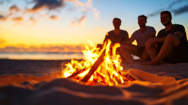 Sunset bonfire sparks secrets among three silhouetted friends, evoking Midsummer's Eve camaraderie and ancient coastal storytelling rituals