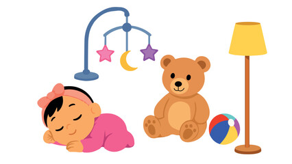 Cute Baby Illustration with Toy, Ball, and Lamp Playful Nursery Scene for Childhood, Parenting, and Early Learning Decor Themes