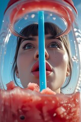 Woman enjoying a refreshing watermelon drink through a straw on a sunny day outdoors