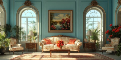 Luxurious Interior With Ornate Sofa, Armchairs, and Painting in Elegant Home