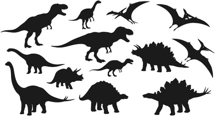 Silhouette Collection of Various Dinosaur Species on Transparent Background