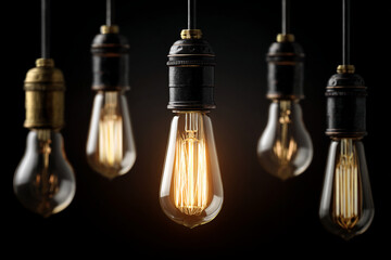 Close-up of vintage-style light bulbs hanging against a dark background, one brightly lit, symbolizing ideas, innovation, or inspiration