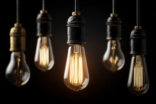 Close-up of vintage-style light bulbs hanging against a dark background, one brightly lit, symbolizing ideas, innovation, or inspiration