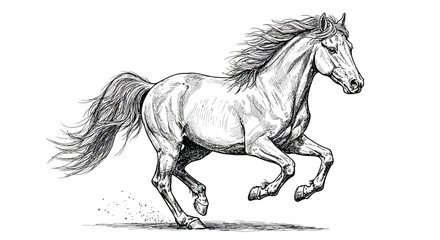 Detailed Sketch of a Galloping Horse with Flowing Mane and Tail