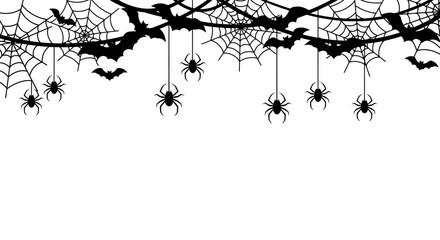 Halloween Border with Bats Spiderwebs and Hanging Spiders