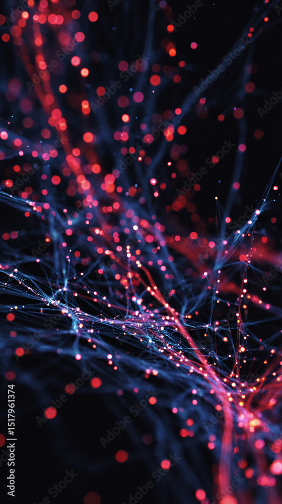 Poster abstract image of red and blue glowing particles forming a network, suggesting connection, technolog
