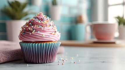 Delicious Pink Frosted Cupcake with Colorful Sprinkles on a Marble Surface