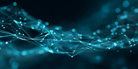 Abstract teal network graphic with glowing nodes and lines, creating a dynamic and interconnected visual representation of technology or connectivity, suitable for tech-related backgrounds