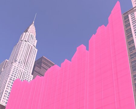Pink graph against city skyline