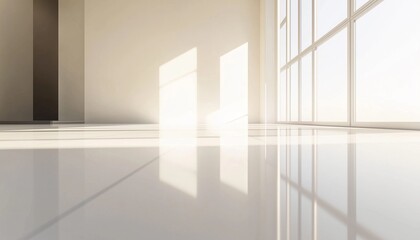 Minimalist white wall and floor empty room with sunlight from window