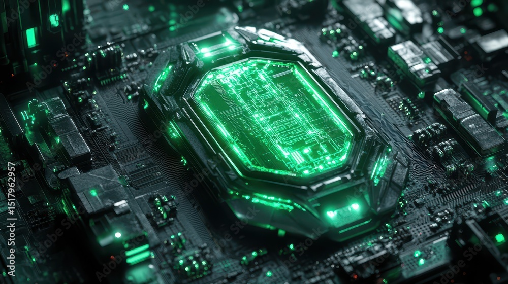 Poster close-up of a futuristic cpu with glowing green circuitry details. use for tech, data, ai, or high-p