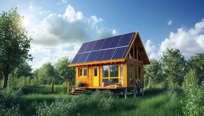 Solar panel on mountain cabin house extreme nature place