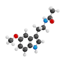 Melatonin molecule isolated on transparent background. Detailed 3D model of human hormone. Molecular formula: C13H16N2O2. Chemical model: Ball and Stick. 3d illustration