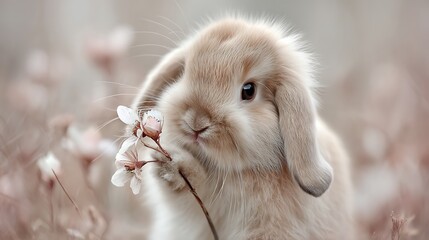 Adorable Cream-Colored Lop-Eared Bunny with Delicate Flowers in a Dreamy Setting