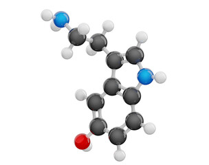Serotonin molecule isolated on transparent background. Detailed 3D model of human hormone. Molecular formula: C10H12N2O. Chemical model: Ball and Stick. 3d illustration