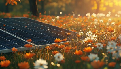 A solar panel on autumn flower field, natural renewable energy