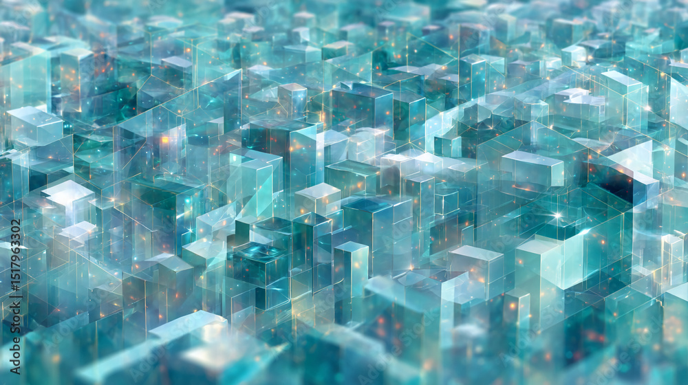 Poster abstract image of teal glass cubes, creating a futuristic cityscape texture, symbolizing technology,