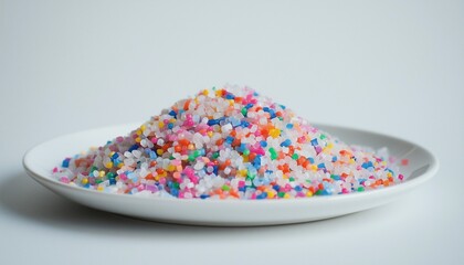 Microplastics pile on ceramic white plate in contamination food problem