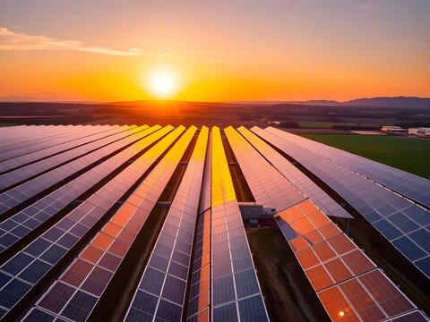 Vista a&eacute;rea de una granja solar al atardecer, promoviendo energ&iacute;a limpia, sostenibilidad e innovaci&oacute;n verde.
Palabras clave usadas