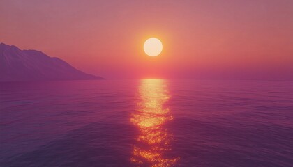 Beauty purple sunset on ocean landscape with sun and horizon line