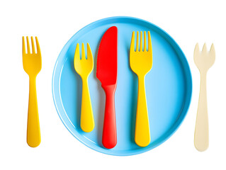 Colorful plastic cutlery arrangement on a blue plate creating a vibrant and playful aesthetic